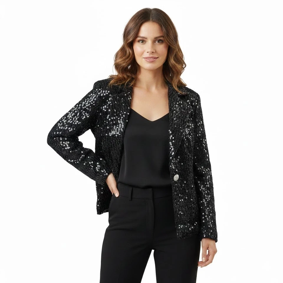 Chaqueta de lentejuelas Montgomery Ward negra de un solo pecho estrás años 70 disco glamour Foto 1 de 4