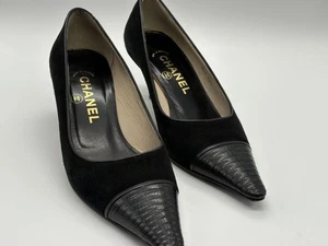 CHANEL Women's Pointed Toe Pumps Suede/Leather EU 35.5 Black 126145K Authentic - Picture 1 of 15