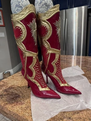 JEFFREY CAMPELL ботинки красного золота середины икры украшенный заостренный носок Stiletto размер 6 - Изображение 1 из 3