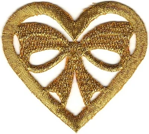2 1/2" Gold Stickerei Herz mit Schleife Patch - Bild 1 von 1