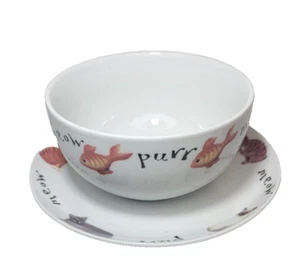 Porcelain Soup Bowl 2.75 x 5.25'' & Sandwich Plate 7.5'' Set for all cat lover's - Picture 1 of 7