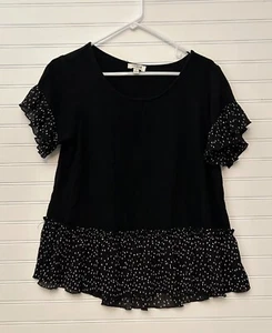 Camisa para mujer Umgee negra blanca lunares manga volantes S mezcla de lino - Imagen 1 de 6