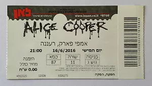 ALICE COOPER Spend The Night Tour 2016 Israele - BIGLIETTO CONCERTO COMPLETO MAI USATO STUB - Foto 1 di 2