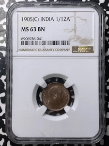 1905-(C) India 1/12 Anna NGC MS63BN ¡Lote #A9855 Elección UNC! - Imagen 1 de 3