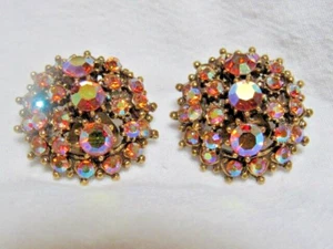 Vintage Orange Aurora Borealis Rhinestones Domed Clip Earrings 1” Dia. - Picture 1 of 8