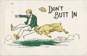 Postcard Don't Butt In Comic Man Goat Ram Undivided Posted Dansville NY 1906 - Picture 1 of 2