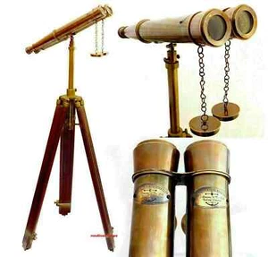 Nautical Antique Heavy Brass Victorian Binocular With Wooden Floor Stand Decor - Picture 1 of 6