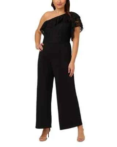 Adrianna Papell Plus Lace Trimmed Crepe Jumpsuit Women's 22W Black Side Zip S/S - Picture 1 of 17