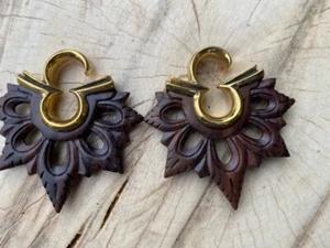 PAIR TRIBAL 4g (5mm)  BRASS & SONO WOOD EAR WEIGHTS PLUGS STRETCH GAUGE PLUG - Picture 1 of 4