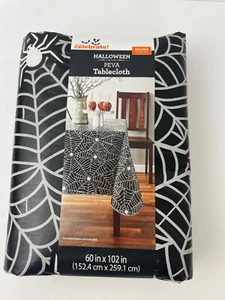 Celebrate Halloween Tablecloth Black White Peva Vinyl Spiders Webs 60" x 102" - Picture 1 of 6