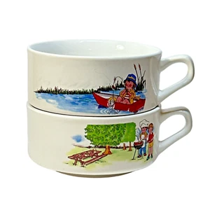 Set of 2 Vintage CAMPBELLS SOUP KIDS Handled Bowl Mug FISHING GRILL BBQ PICNIC - Picture 1 of 7