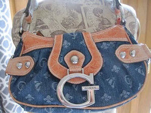 RARE GUESS HANDBAG Y2K BLUE DENIM JEANS ORANGE DETAILS SILVER HEAVY BUCKLE - Picture 1 of 17