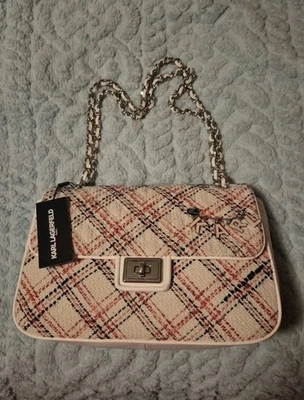 BOLSO DE HOMBRO KARL LAGERFELD AGYNESS TWEED ROSA Y BLANCO CON DISEÑO A CUADROS Foto 1 de 4