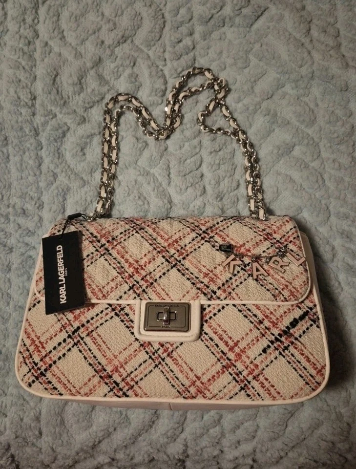 KARL LAGERFELD AGYNESS PINK AND WHITE TWEED SHOULDER BAG WITH PLAID DESIGN - Image 1 of 4