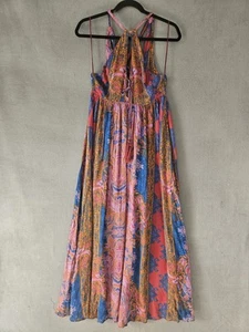 Maxi abito boho Free People irraggiungibile blu rosso aperto legato schiena floreale taglia 2 - Foto 1 di 11