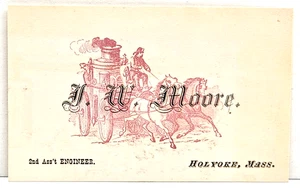 JW Moore 2nd Asst Engineer Horse Carriage Fireman Business Name Card Holyoke, MA - Picture 1 of 3
