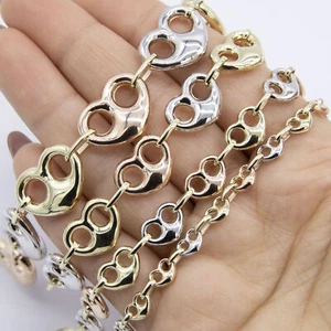 Shiny Puffed Heart Shape Link Bracelet Real 10K Tri-Color Gold - All Sizes - Picture 1 of 6