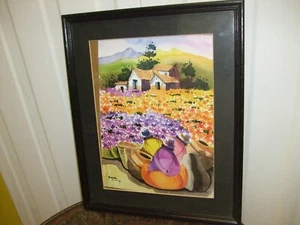PERUVIAN WATER COLOUR ON PAPER STILL LIFE IN FLOWERS LANDSCAPE SIGNED AND DATED - Picture 1 of 5
