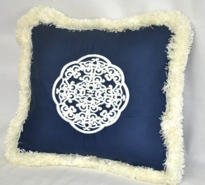 Embroidered Oriental Emblem Pillow made w Ralph Lauren Navy Blue Fabric 16" - Image 1 of 4