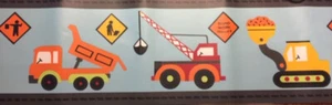 CONSTRUCTION TRUCKS signs prepasted WALLPAPER BORDER 15 feet kid's room decor  - Picture 1 of 2
