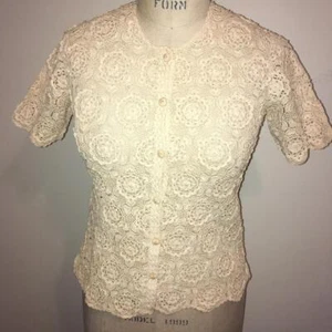 Blusa Top Vintage Hecha a Mano Beige Hecho a Mano Crochet Encaje M/L - Imagen 1 de 11