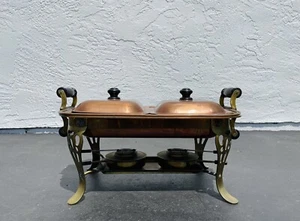 Vintage Copper Double Chafing Dish Server Brass Stand W/Burners - Picture 1 of 10