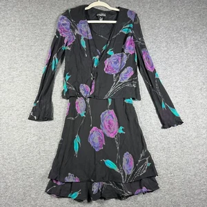 Vintage Y2K Jones New York Silk Dress Womens 8P Petite Black Purple Floral - Picture 1 of 9