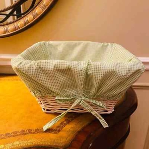 Large White Wicker Square Basket with Washable Removeable Green Checked Liner - Picture 1 of 7