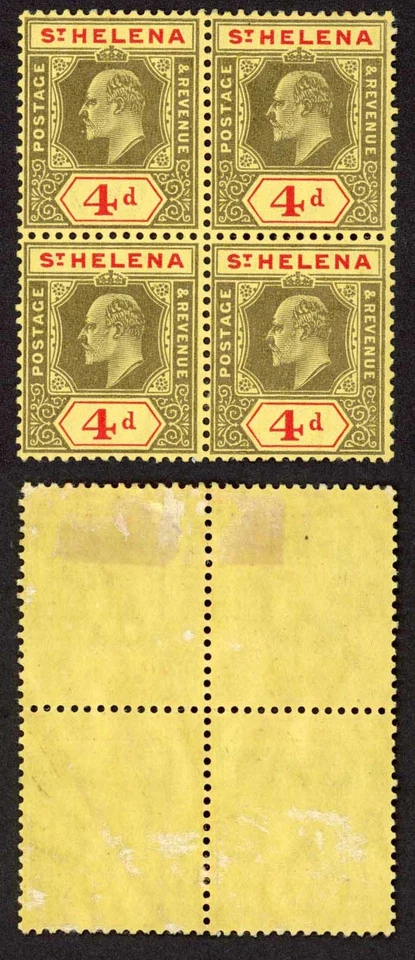 St Helena SG66b KEVII 4d Wmk Mult Crown CA Bloque de 4 (curva de goma) M/M Cat 32 pou Foto 1 de 1