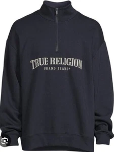 True Religion Embroidered Arch Logo Quarter Zip Sweat Top, Navy - Large - Picture 1 of 3