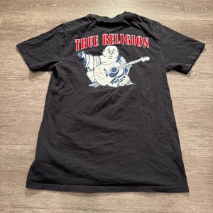True Religion Shirt Mens Medium Black Buddha Guitar Logo Graphic Tee Cotton - Picture 1 of 9