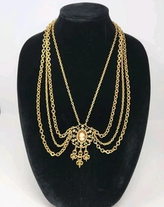 Celebrity of NY Gold Tone Multi-Strand Festoon Cameo Chain Necklace Vintage 23" - Picture 1 of 13