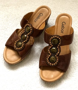 GABOR - PRETTY BEADED BROWN LEATHER MULE SANDALS  size 4.5  - FREE POST - Picture 1 of 12