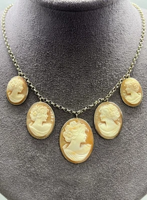 Collana In Argento 925 Con Cammei In Conchiglia Corniola 30/25/20mm Ovali - Immagine 1 di 4