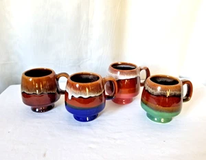 Brown Drip Glaze Footed Espresso Turkish Coffee Mugs Set of 4 Vintage Pink Blue - Picture 1 of 14