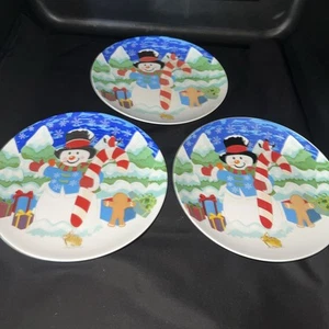 8” Snowman Salad Plate with Candy Cane and Snow-Covered Trees And Presents 3Pc - Picture 1 of 5
