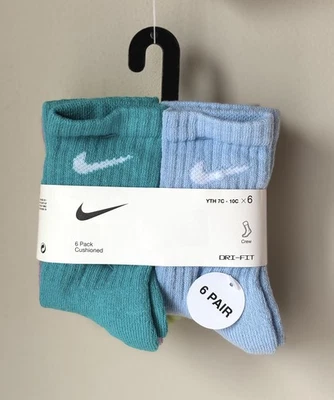 6 Pairs NIKE Dri-Fit MultiColor Cushioned Crew Socks Fits Youth Shoe Sz 7C-10C - Image 1 of 3