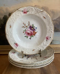(4) DERBY Hand Painted Large Rimmed Soup Bowls 1805-1825 STAPLE REPAIR Rivets - Picture 1 of 24