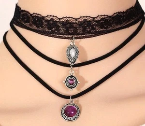 Multi layer Choker Medallion Teardrop Necklaces Set w Purple and White Pendants - Picture 1 of 4