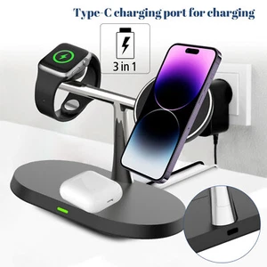 for iPhone 15/14/13 iWatch Fast Charging Station 3-in-1 MagSafe Wireless Charger - Photo 1 sur 14