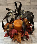 Pumpkin Candle Holder w/ Leaf Insert & Candle Rustic Metal Home Decor