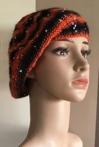 HAND KNITTED GIRLS BERET IN ORANGE WOOL BLEND FANCY YARN ~ 21” ROUND BRIM - Picture 1 of 7