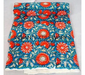 Hand Block Flower Print Cotton Fabric 5 TO 25 Yard Indian Pajama Material - Picture 1 of 4
