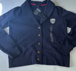 NWT Tommy Hilfiger Navy Logo Varsity Cardigan Sweater Preppy 2013 Fleece Lined L - Picture 1 of 5