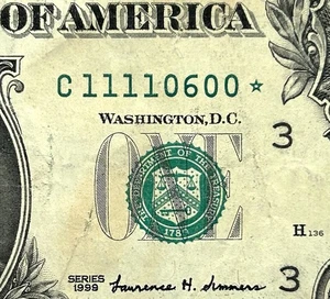 11110600* - Fancy Low Star Note Serial - 1999 $1 Federal Reserve Note - Picture 1 of 3