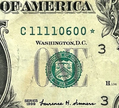 11110600* - Fancy Low Star Note Serial - 1999 $1 Federal Reserve Note - Image 1 of 3