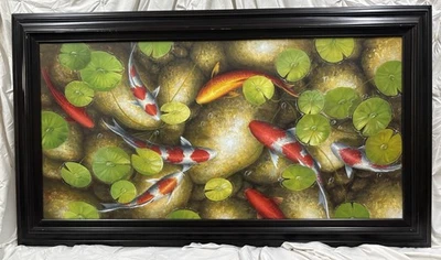 Beautiful Framed Oil Painting on canvas 8 Koi Fish Signed by Artist 56x32 - Image 1 of 4
