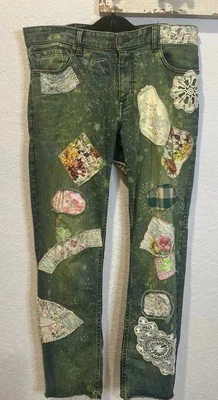 Upcycled Handmade Patchwork Jeans Kantha Bleached Dyed Green Boho Cottagecore - Image 1 of 4