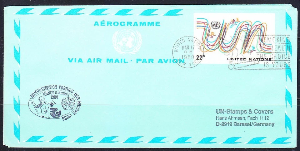 United Nations New York 1980 cover Air Letter Aerogramme Smoking or Health - Image 1 of 1