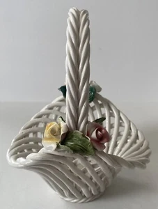 Italian Vintage Porcelain ~ Capodimonte Woven Design Basket Flowers Pink Yellow - Picture 1 of 16